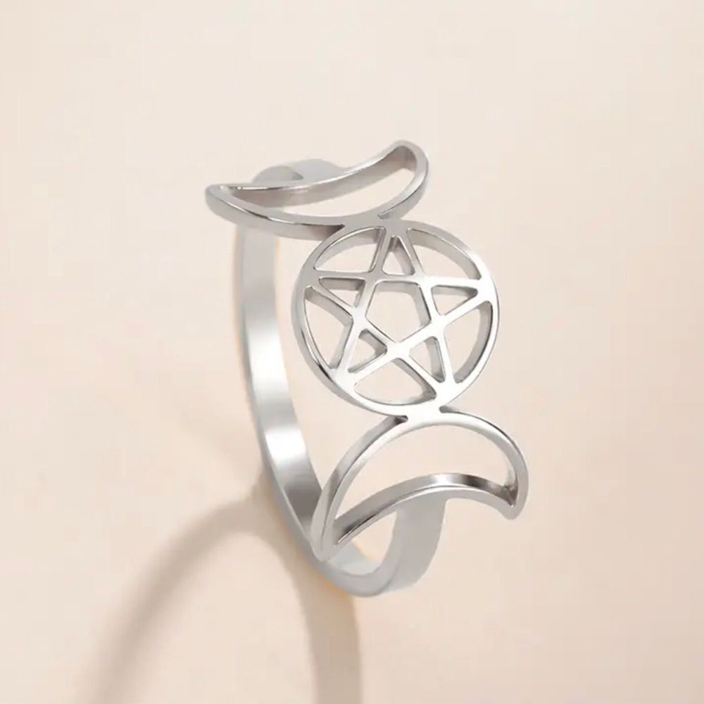 Triple Moon Goddess Pentagram‎ Silver Ring Sz 9